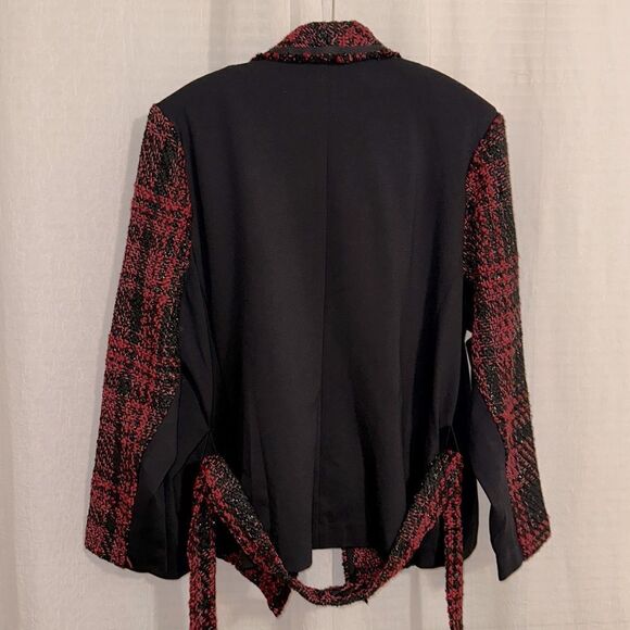 LANE BRYANT 26/28 Red Black Tweed Houndstooth Plaid Knit Back Combo Jacket - Picture 2 of 13